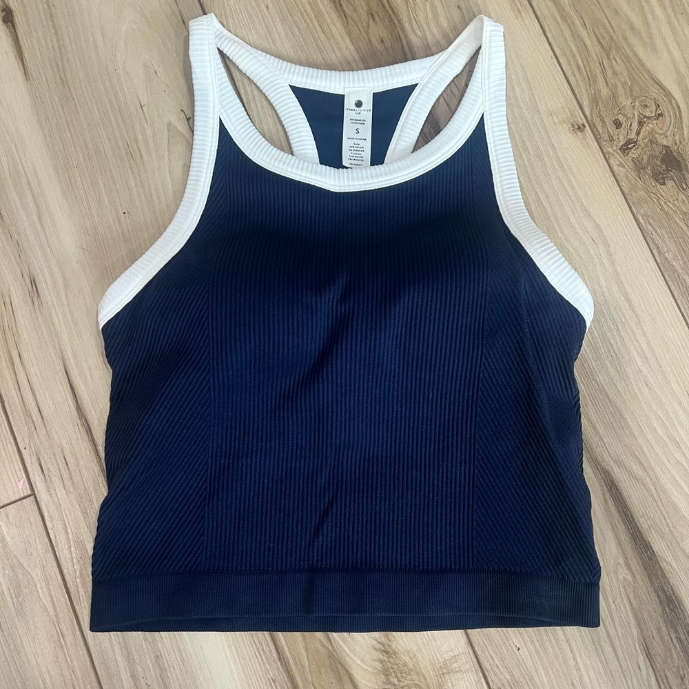 Yogalicious Navy Blue and White Ribbed Tank Top